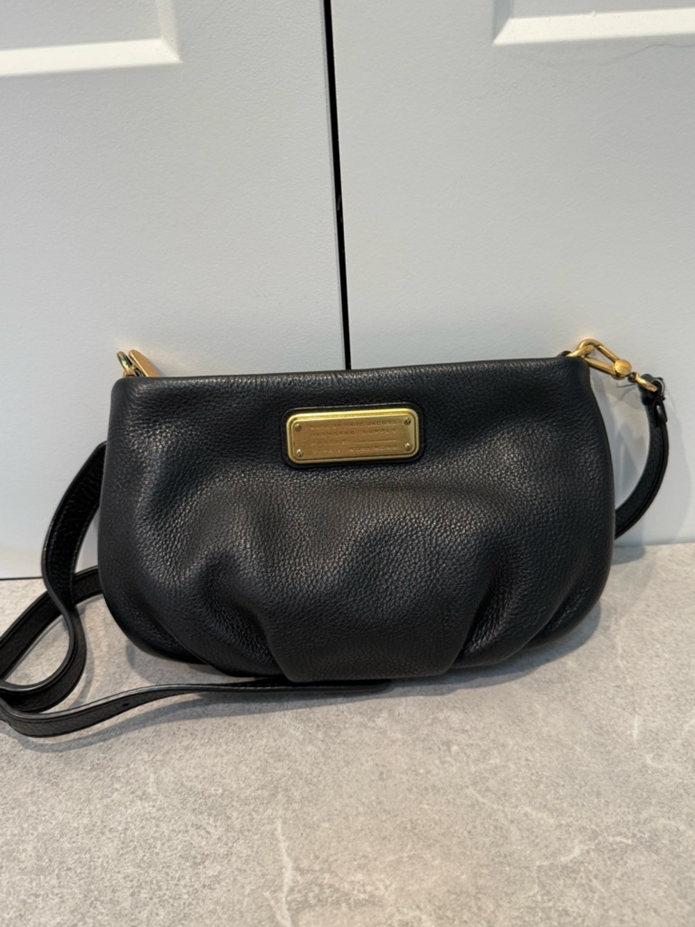 Marc by Marc Jacobs Black Leather Crossbody with Gold Plaque